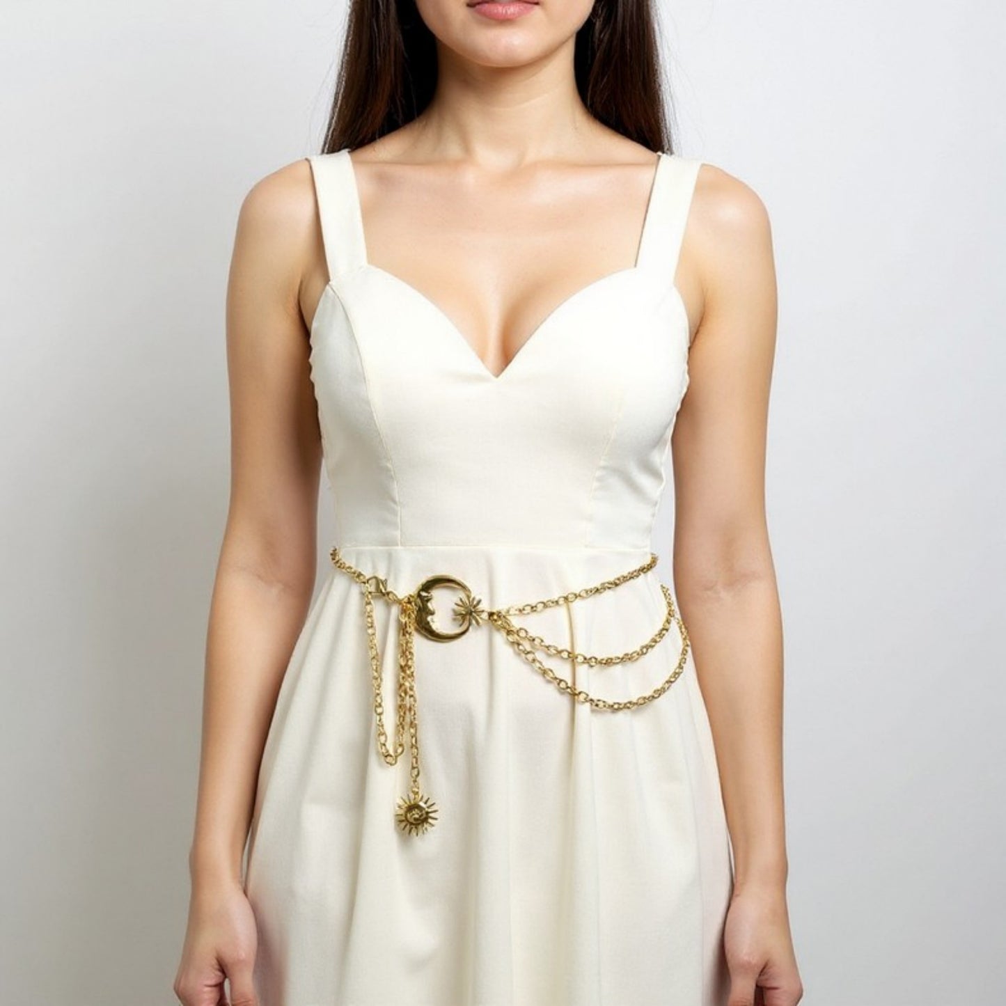 Layered Chain Belt with Crescent Moon and Sun Charms 45.5x0.8in