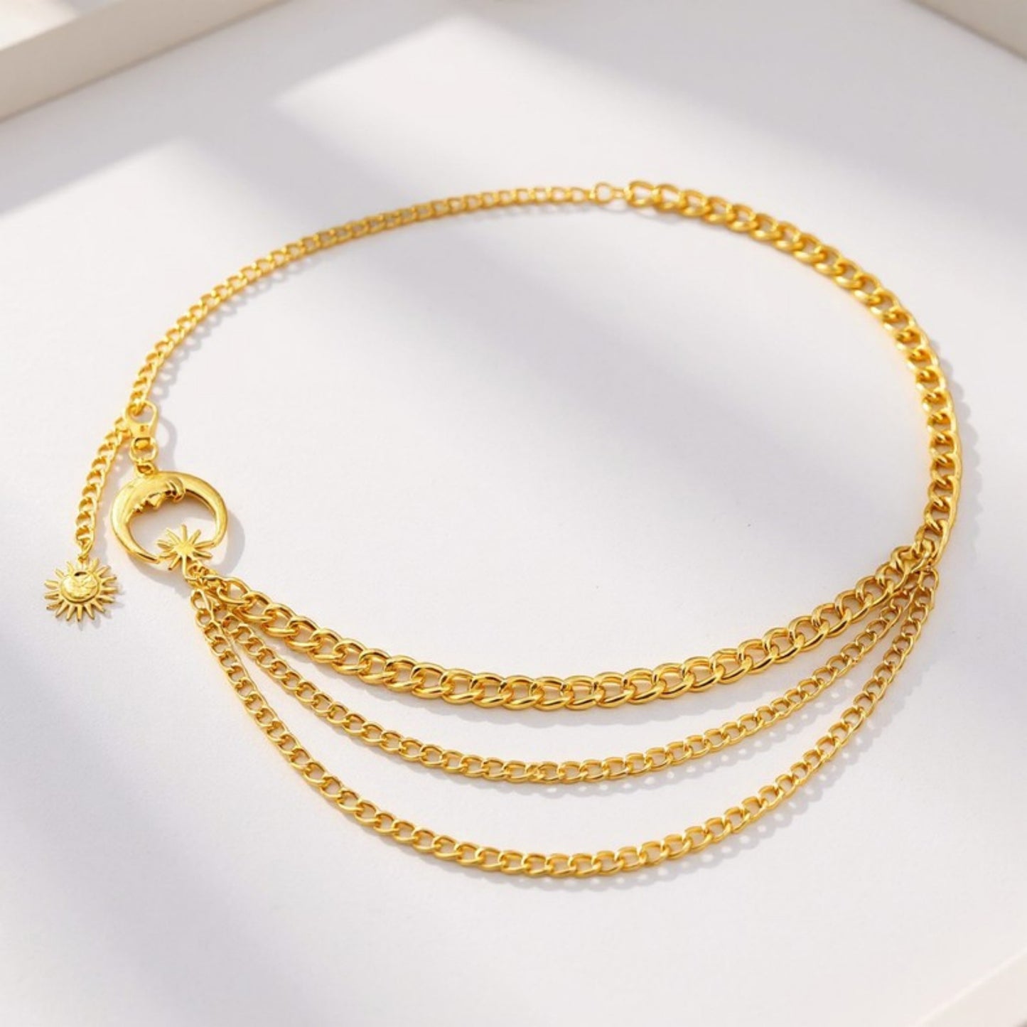 Layered Chain Belt with Crescent Moon and Sun Charms 45.5x0.8in