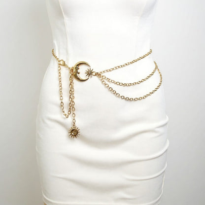 Layered Chain Belt with Crescent Moon and Sun Charms 45.5x0.8in