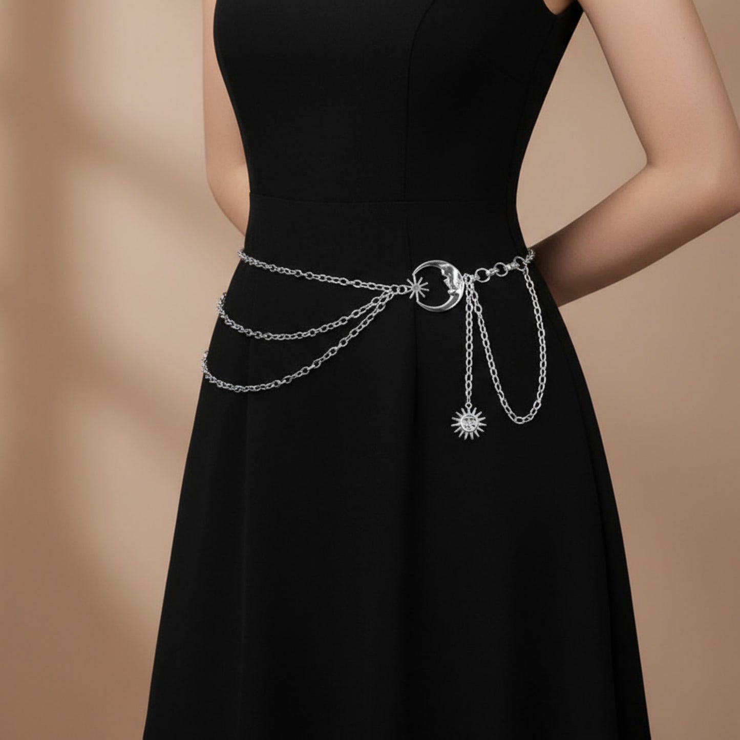 Layered Chain Belt with Crescent Moon and Sun Charms 45.5x0.8in