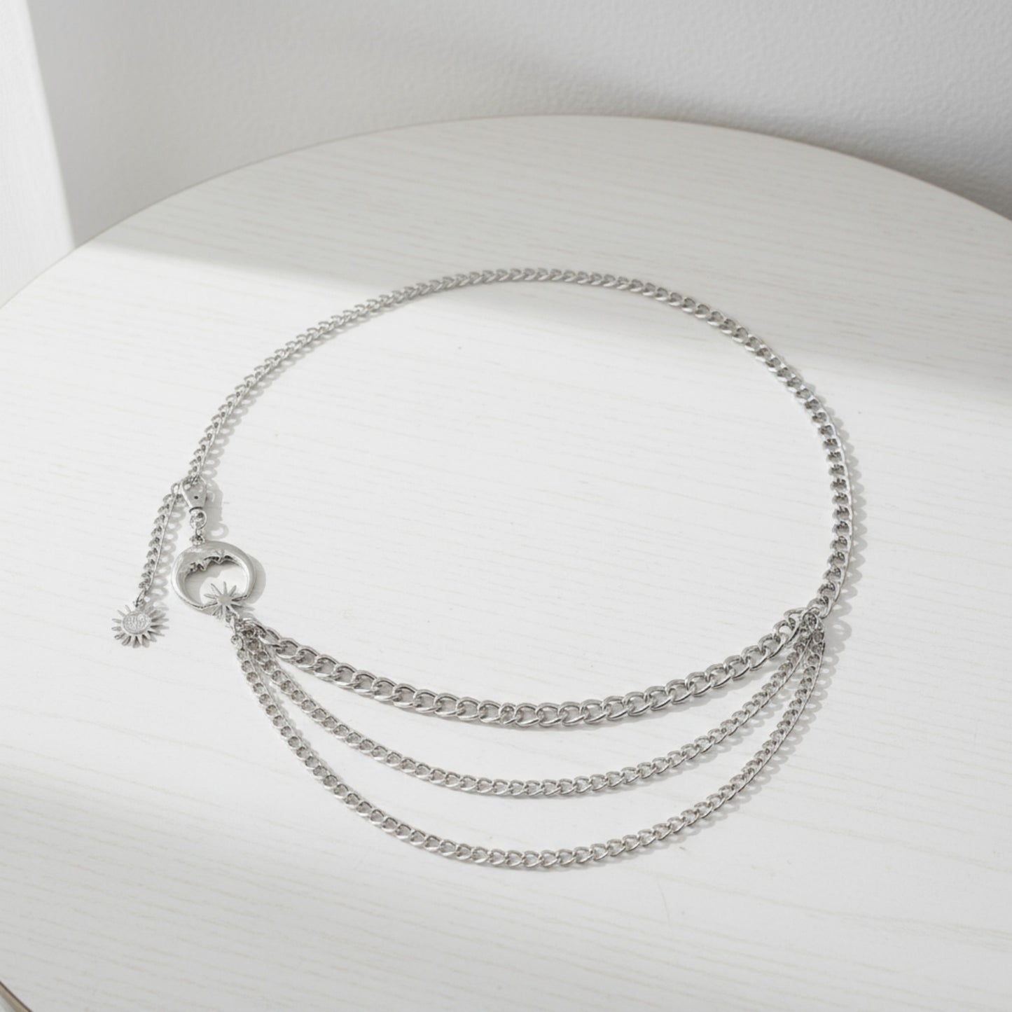 Layered Chain Belt with Crescent Moon and Sun Charms 45.5x0.8in