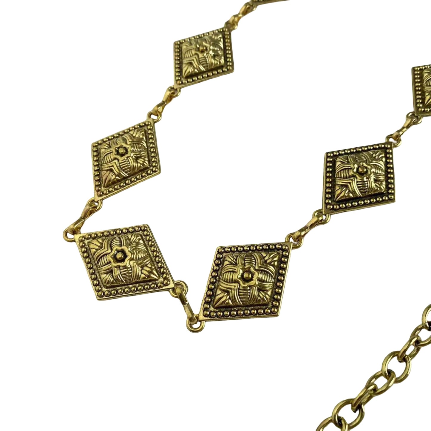 Vintage Inspired Engraved Metal Waist Chain with Floral Square Links 44 inches