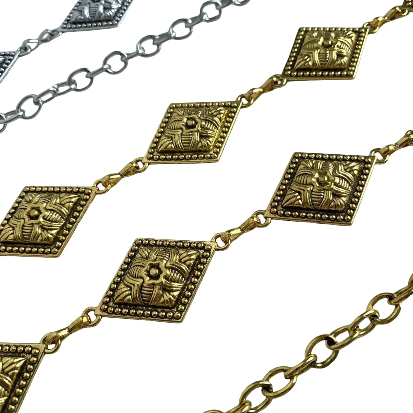 Vintage Inspired Engraved Metal Waist Chain with Floral Square Links 44 inches