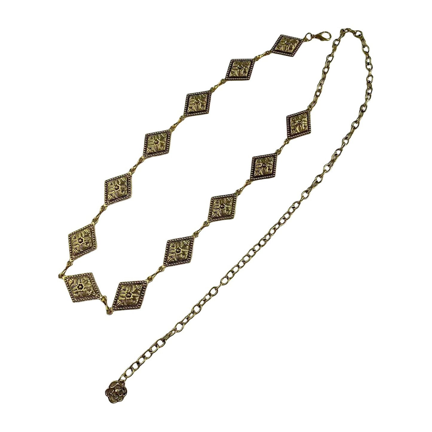 Vintage Inspired Engraved Metal Waist Chain with Floral Square Links 44 inches