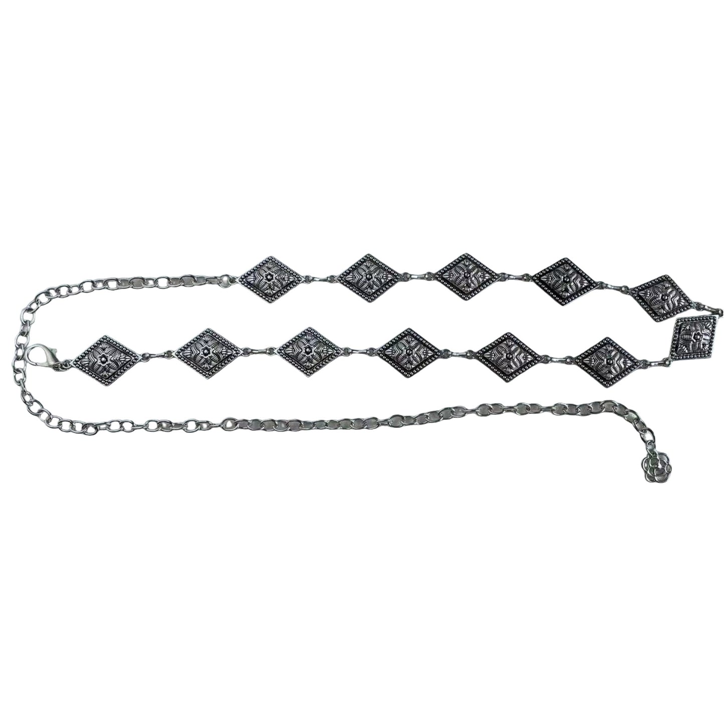 Vintage Inspired Engraved Metal Waist Chain with Floral Square Links 44 inches