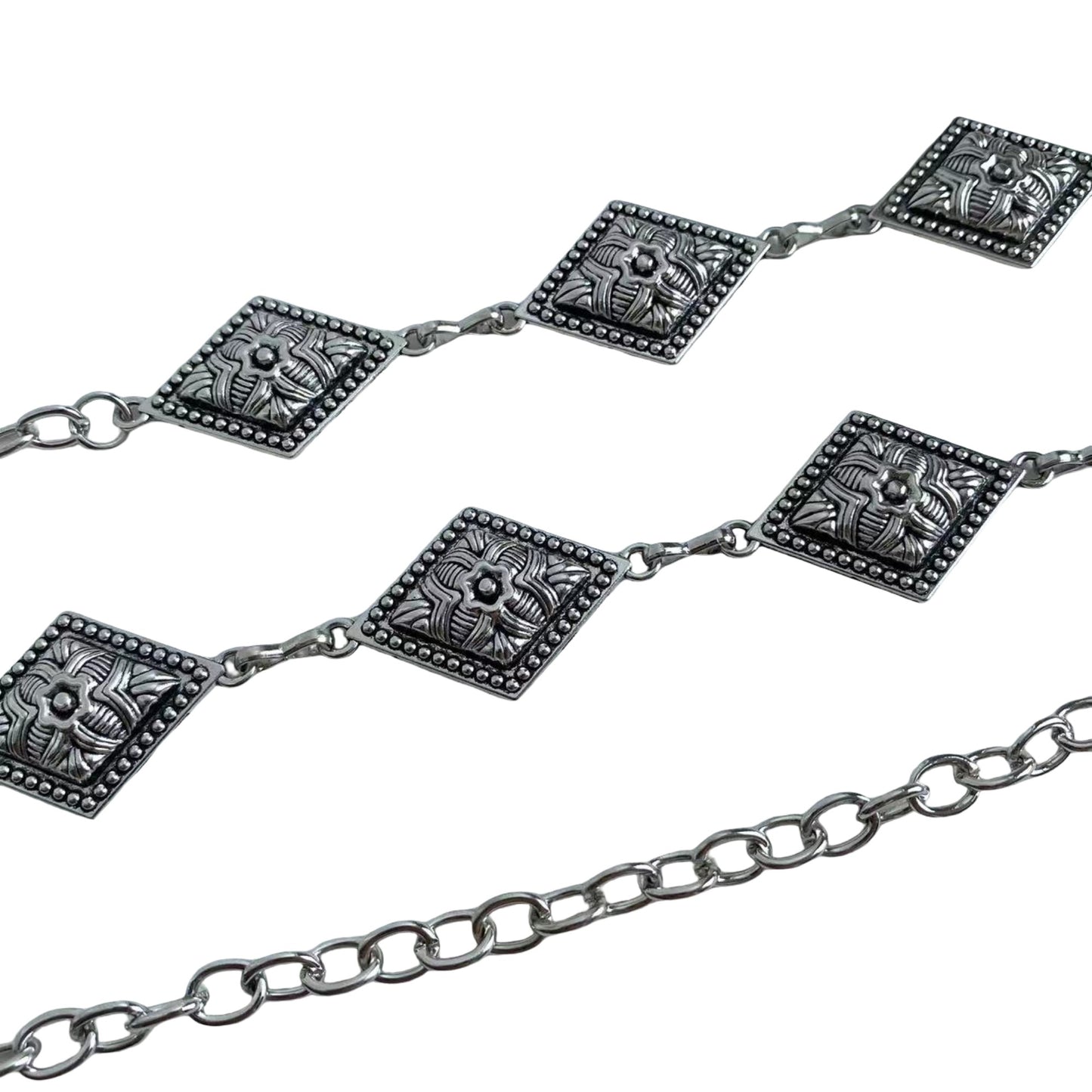 Vintage Inspired Engraved Metal Waist Chain with Floral Square Links 44 inches