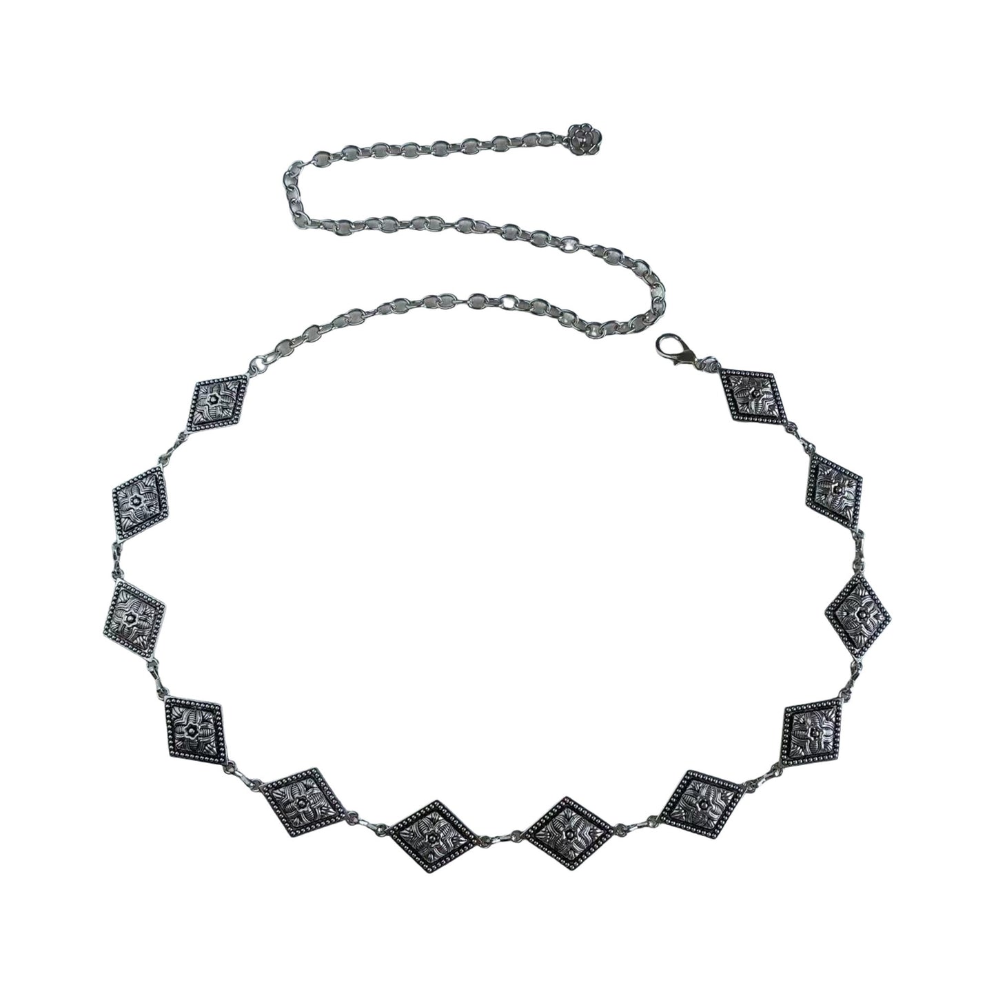 Vintage Inspired Engraved Metal Waist Chain with Floral Square Links 44 inches