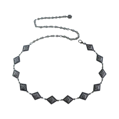 Vintage Inspired Engraved Metal Waist Chain with Floral Square Links 44 inches