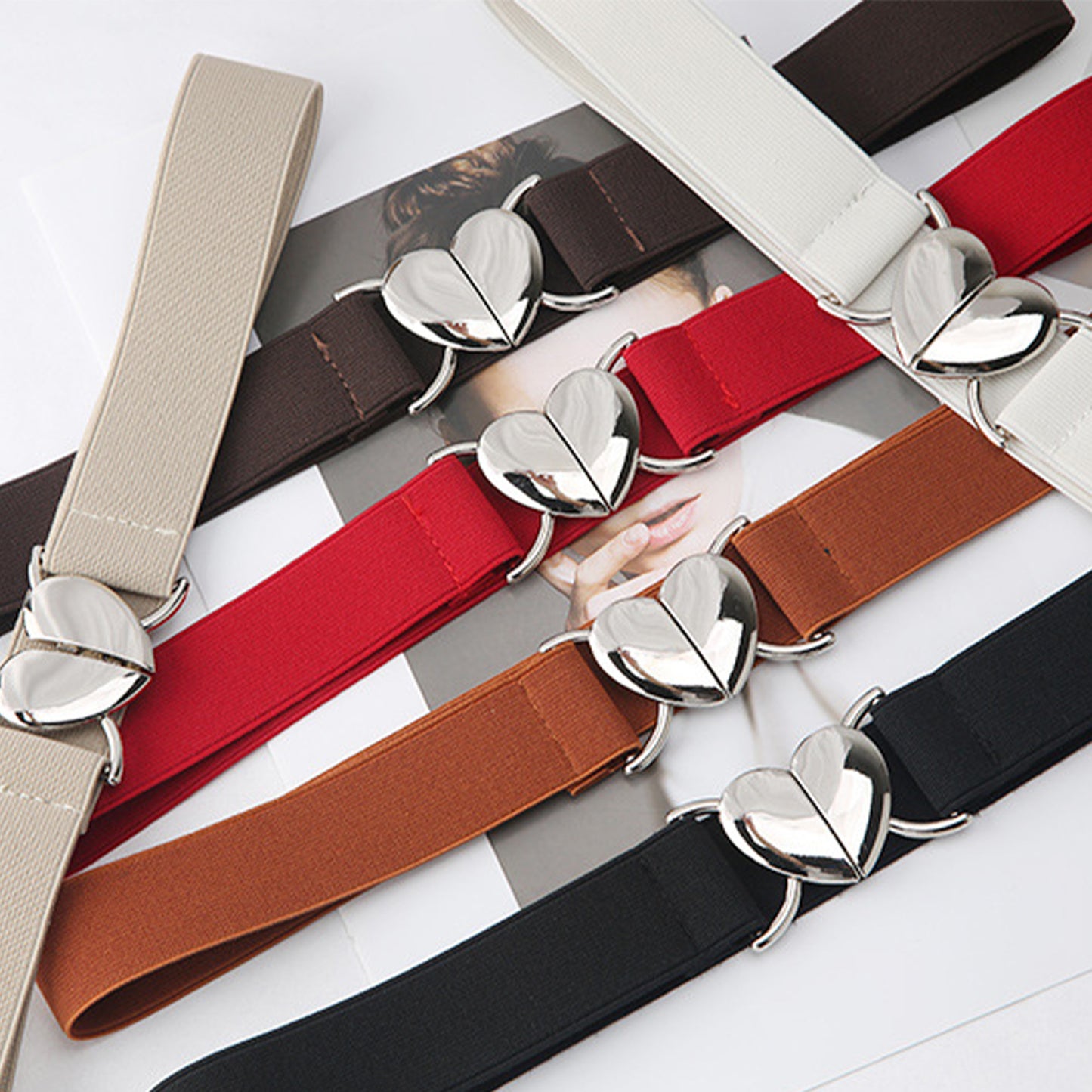 Womens Elastic Waist Belt with Heart Buckle