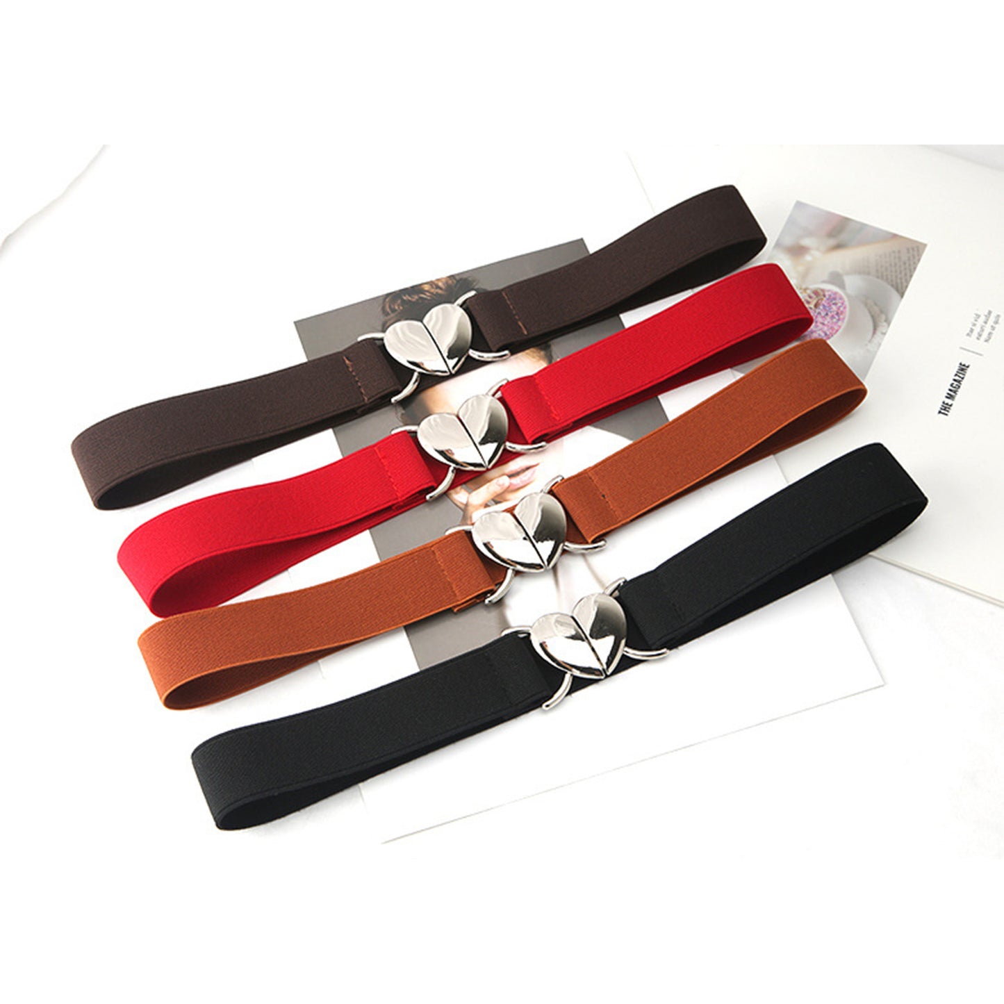 Womens Elastic Waist Belt with Heart Buckle