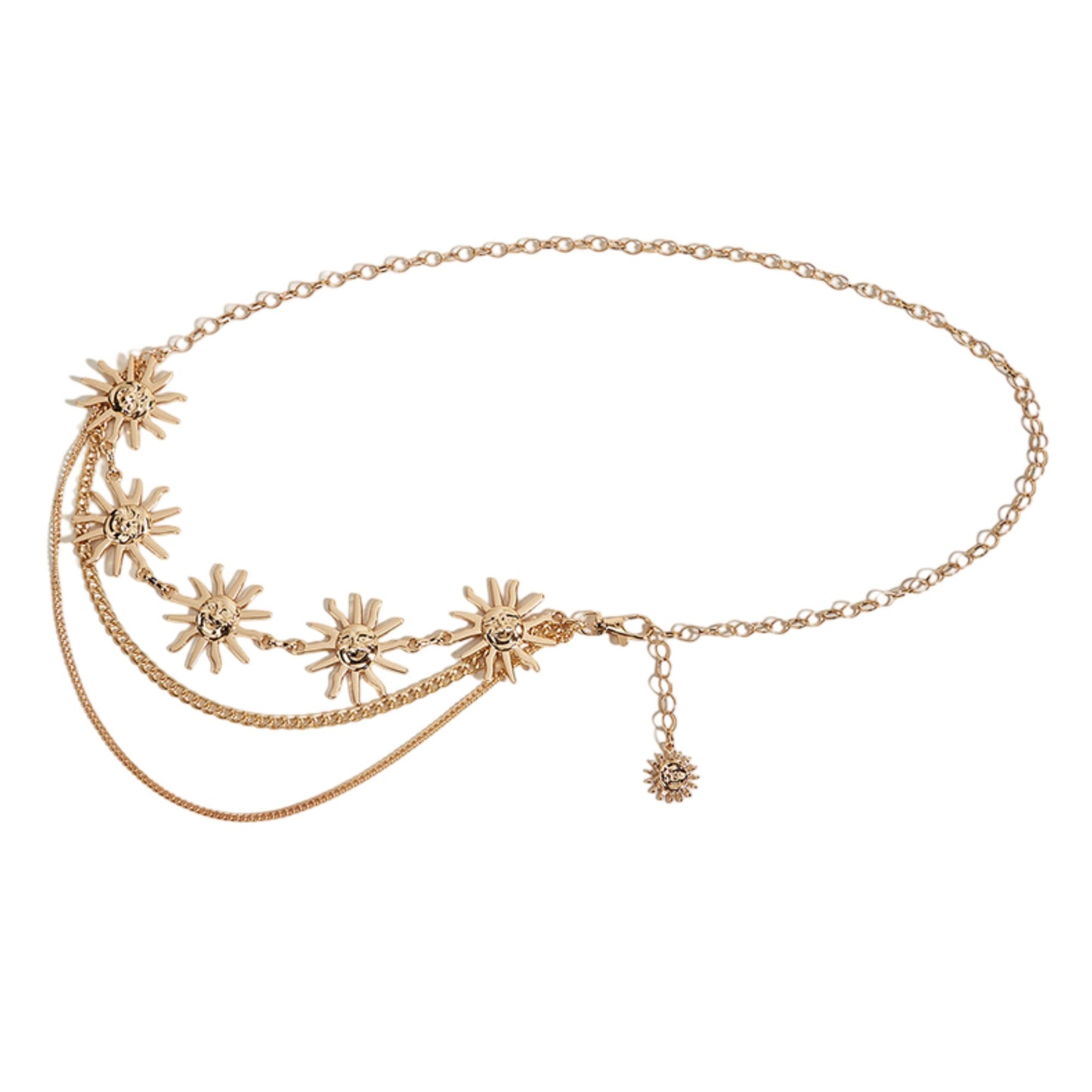 Womens Sunburst Metal Waist Chain Belt with Layered Chains