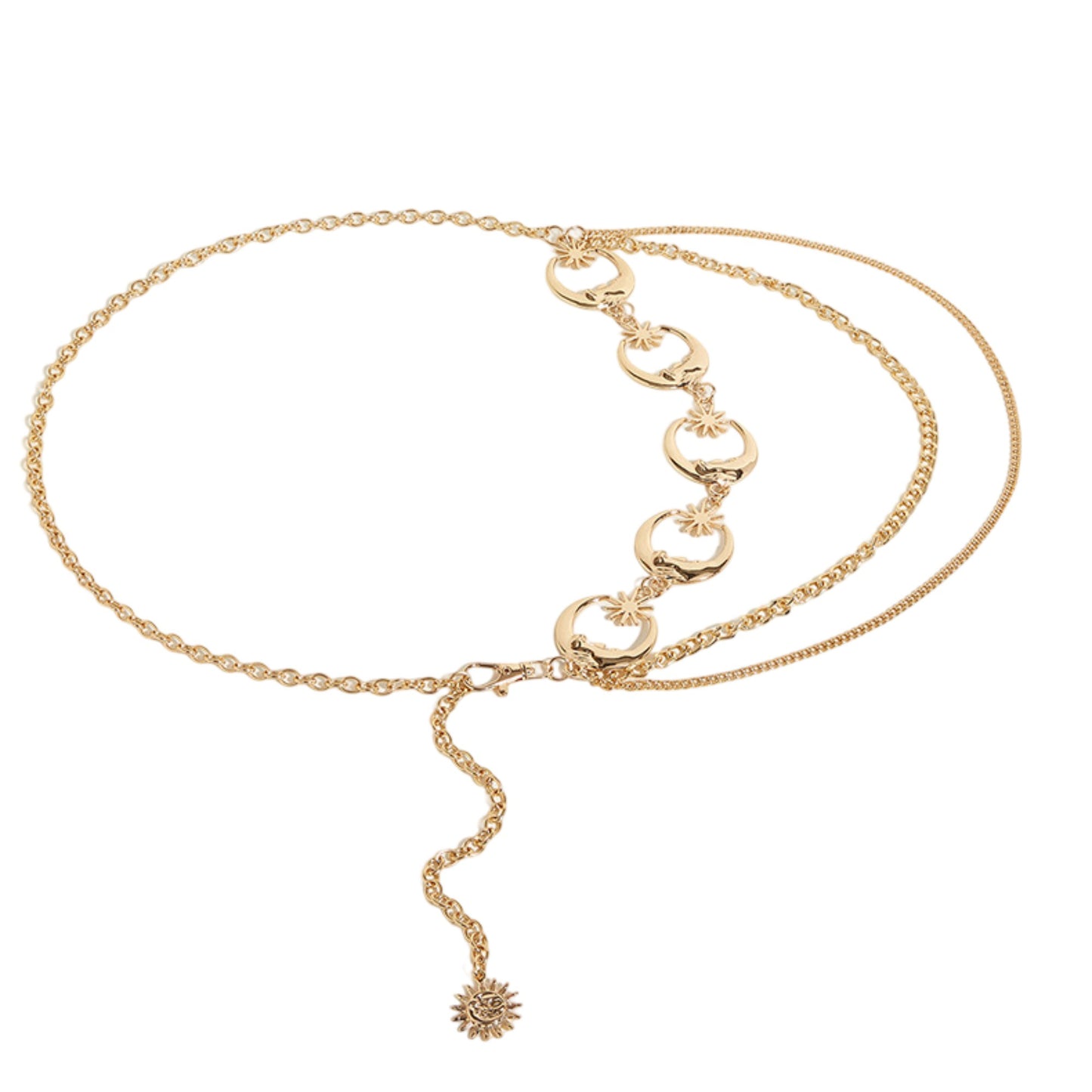 Womens Celestial Moon and Sun Charm Metal Waist Chain Belt