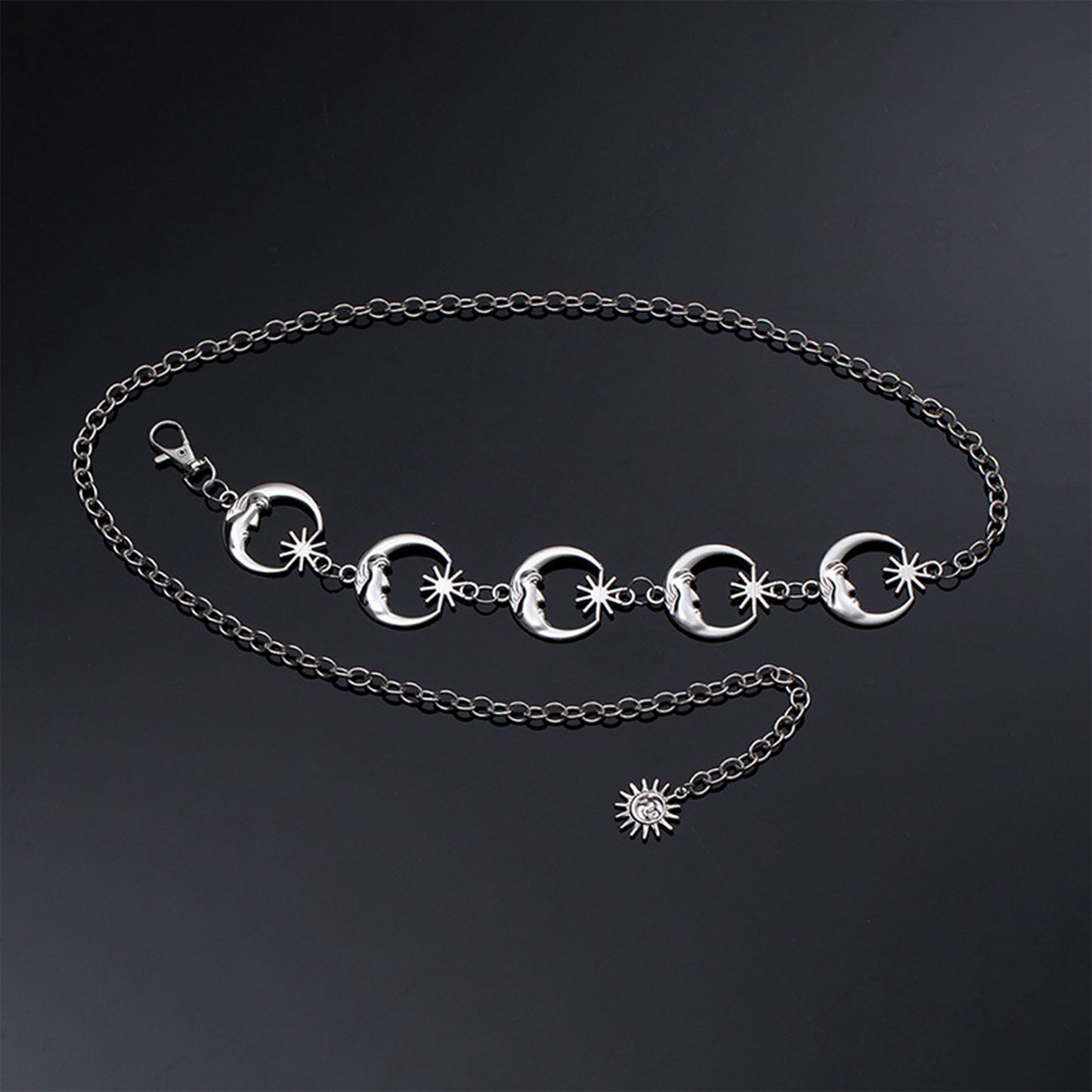 Womens Celestial Moon and Sun Charm Metal Waist Chain Belt