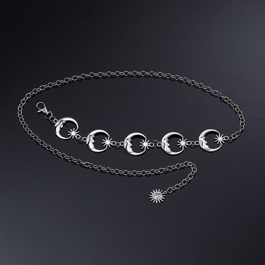 Womens Celestial Moon and Sun Charm Metal Waist Chain Belt