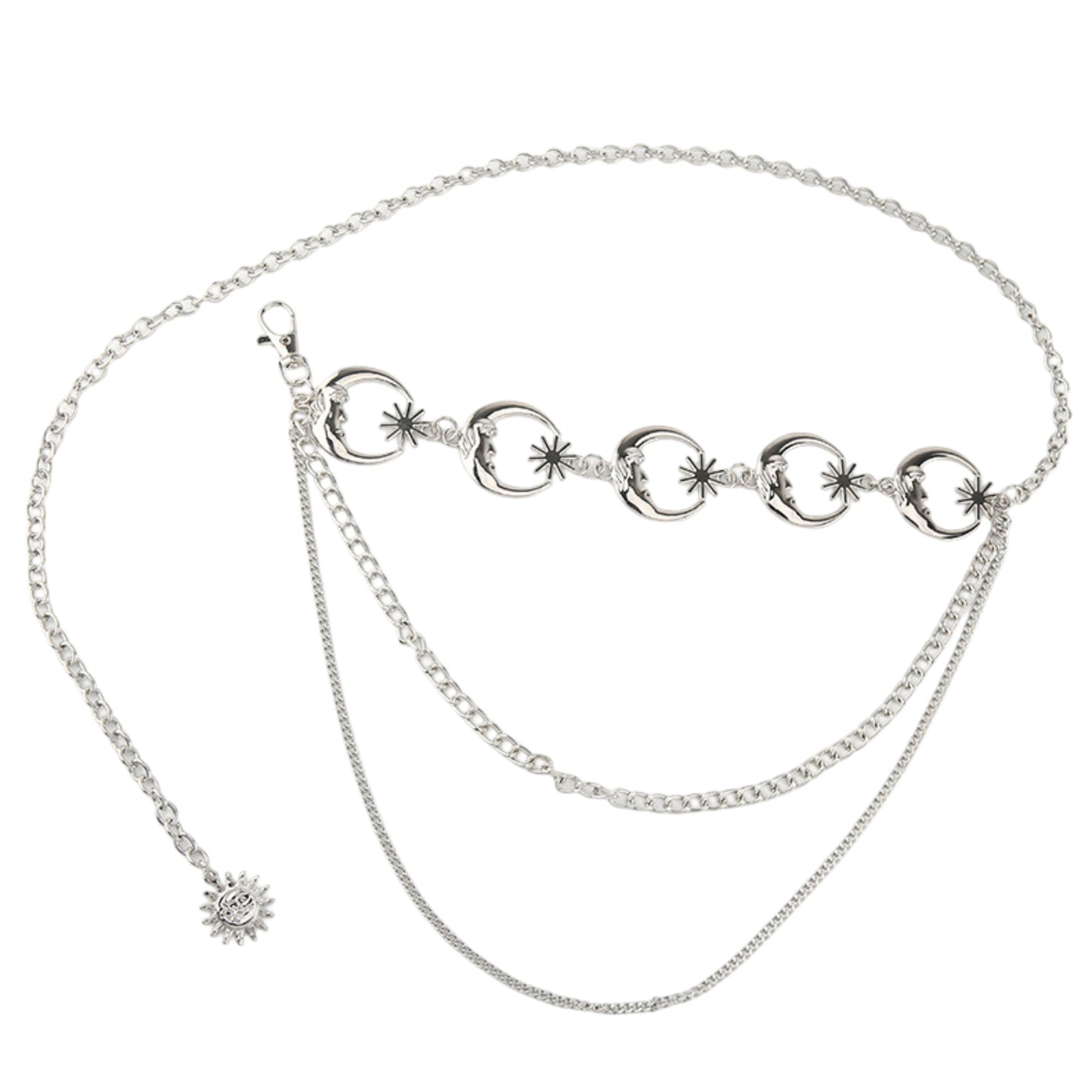Womens Celestial Moon and Sun Charm Metal Waist Chain Belt