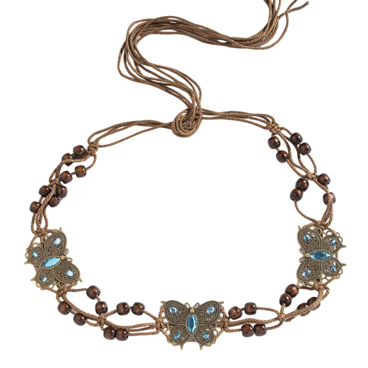 Bohemian Rhinestone Braided Waist Belt with Beaded Cord Tie