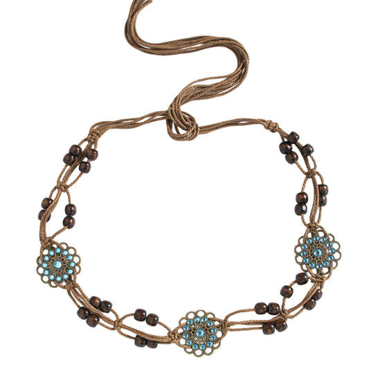 Bohemian Rhinestone Braided Waist Belt with Beaded Cord Tie