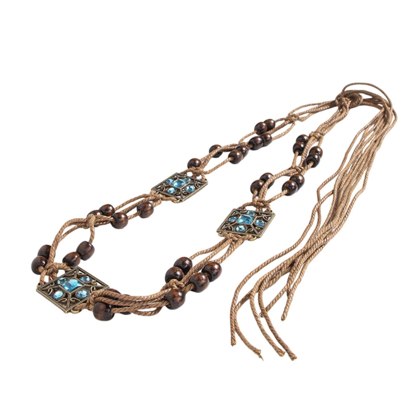 Bohemian Rhinestone Braided Waist Belt with Beaded Cord Tie