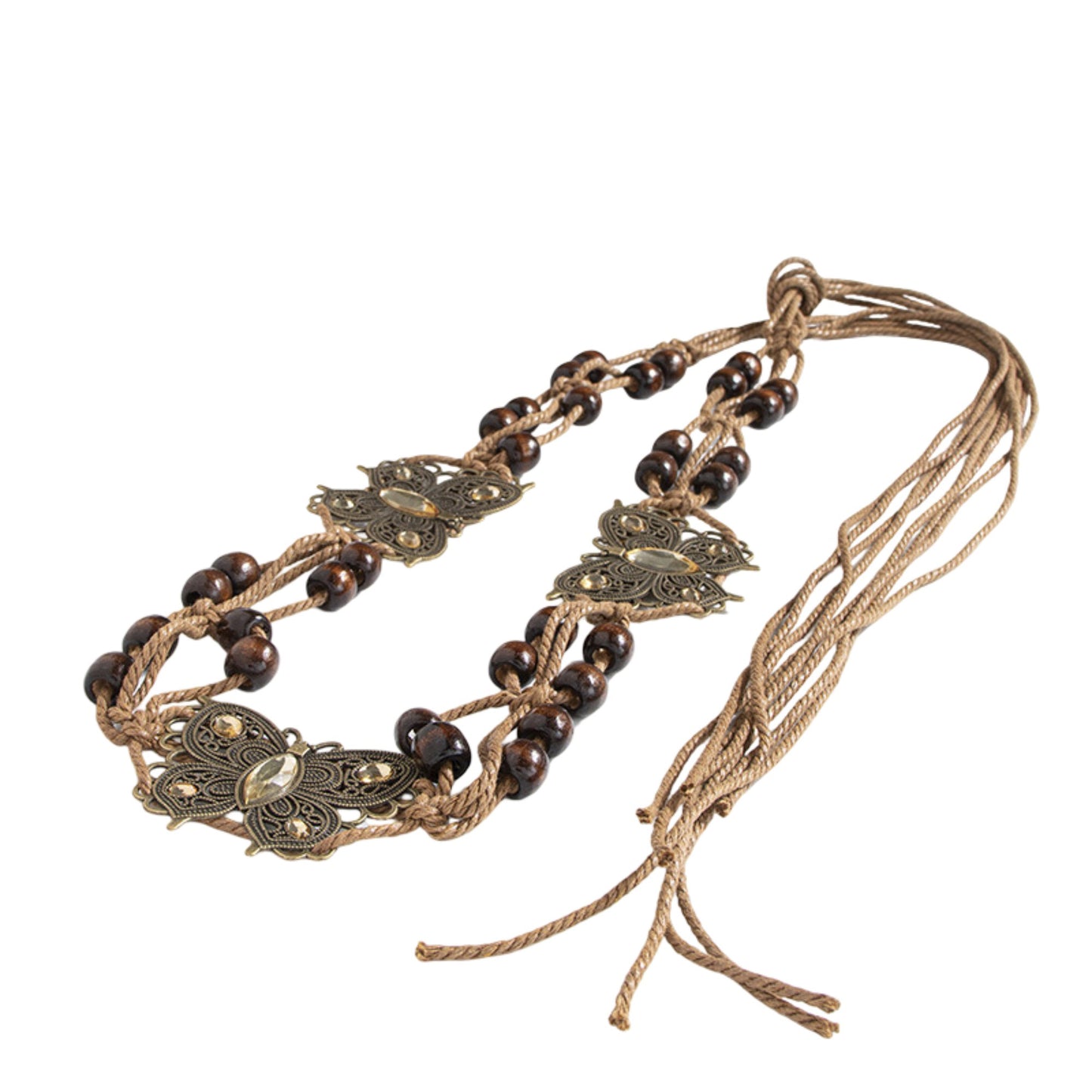 Bohemian Rhinestone Braided Waist Belt with Beaded Cord Tie