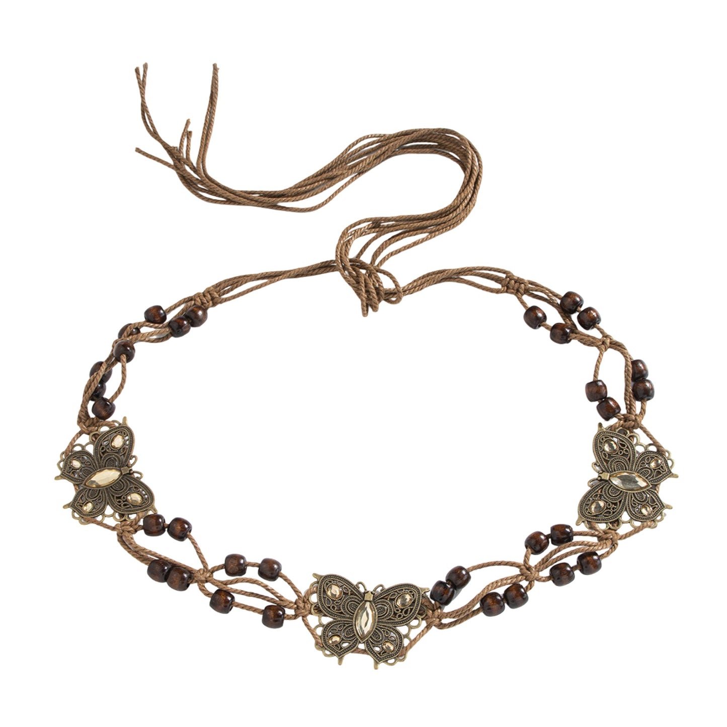Bohemian Rhinestone Braided Waist Belt with Beaded Cord Tie