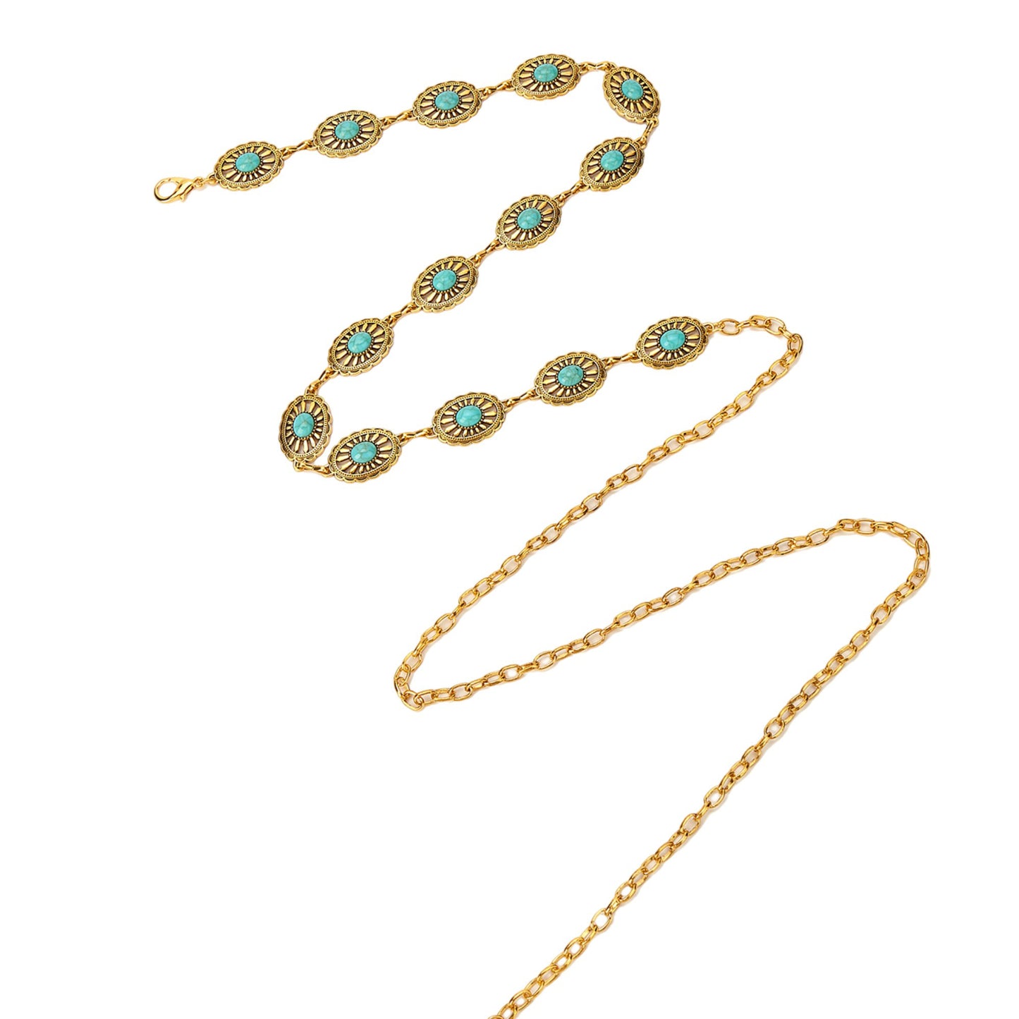 Vintage Adjustable Thin Chain Waist Belt with Turquoise Inspired Accents