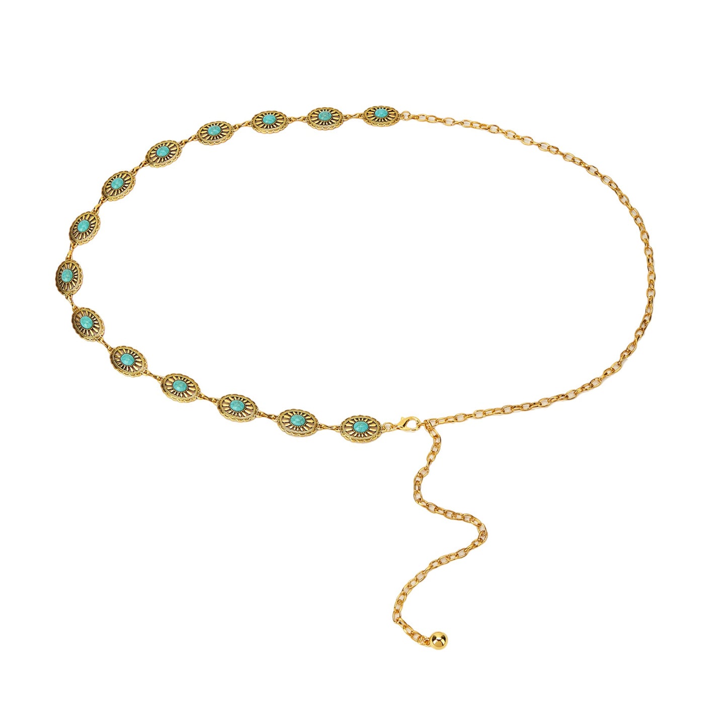 Vintage Adjustable Thin Chain Waist Belt with Turquoise Inspired Accents