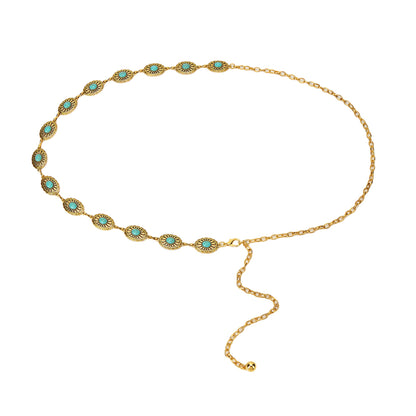 Vintage Adjustable Thin Chain Waist Belt with Turquoise Inspired Accents