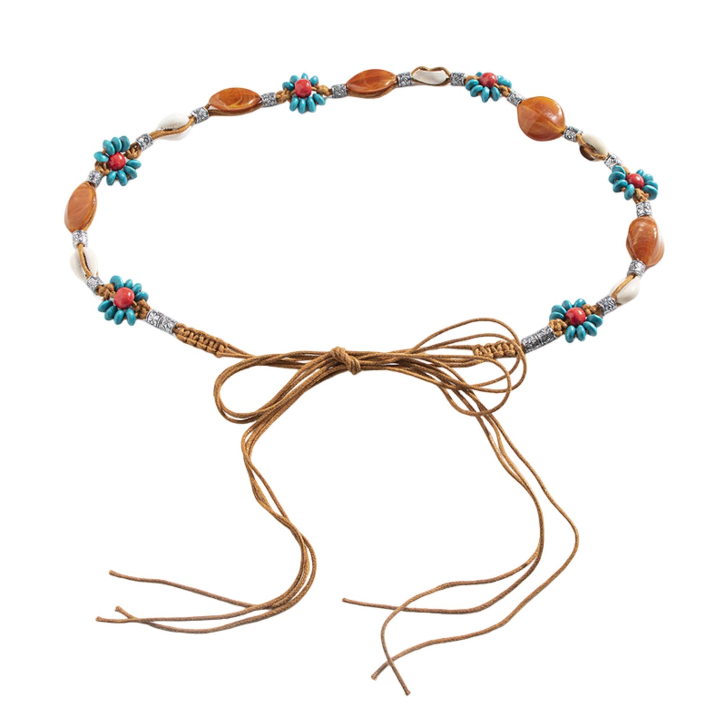 Womens Bohemian Beaded Braided Waist Belt with Adjustable Tie Closure