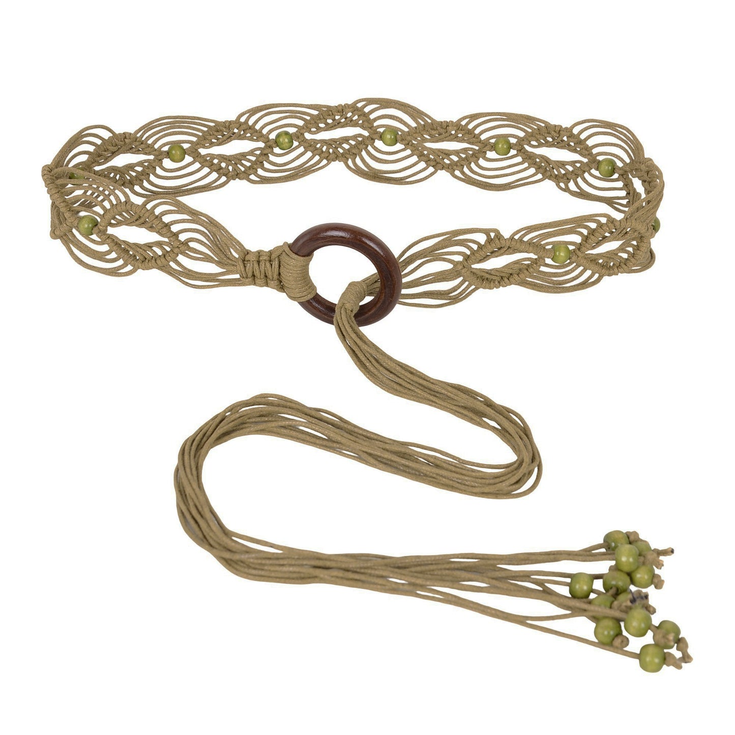 Womens Casual Braided Rope Belt with Wooden Ring