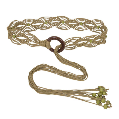 Womens Casual Braided Rope Belt with Wooden Ring