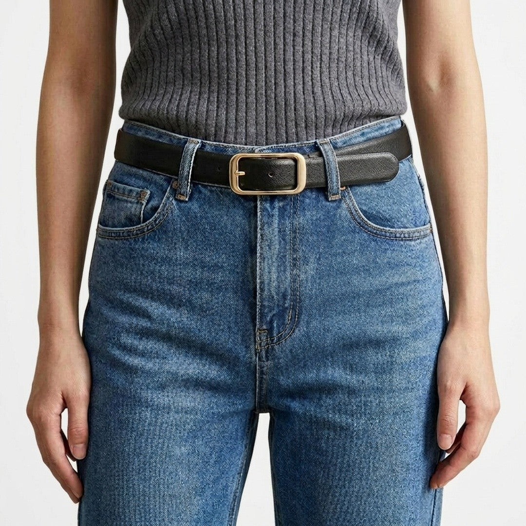 Slim Leather Belt Square Buckle Adjustable Waist Belt Classic Minimalist Style