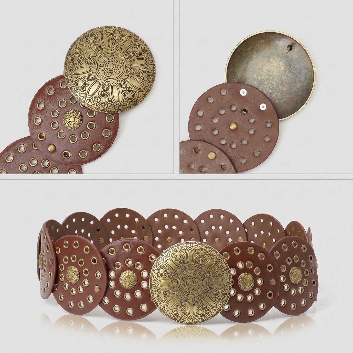 Western Style Disc Waist Belt Large Round Medallion Buckle Decorative Studded Concho Belt
