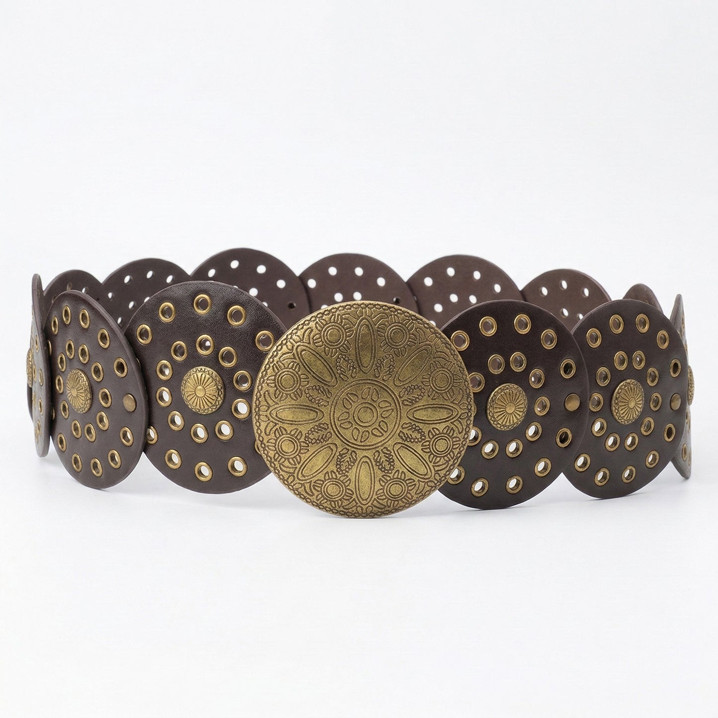 Western Style Disc Waist Belt Large Round Medallion Buckle Decorative Studded Concho Belt