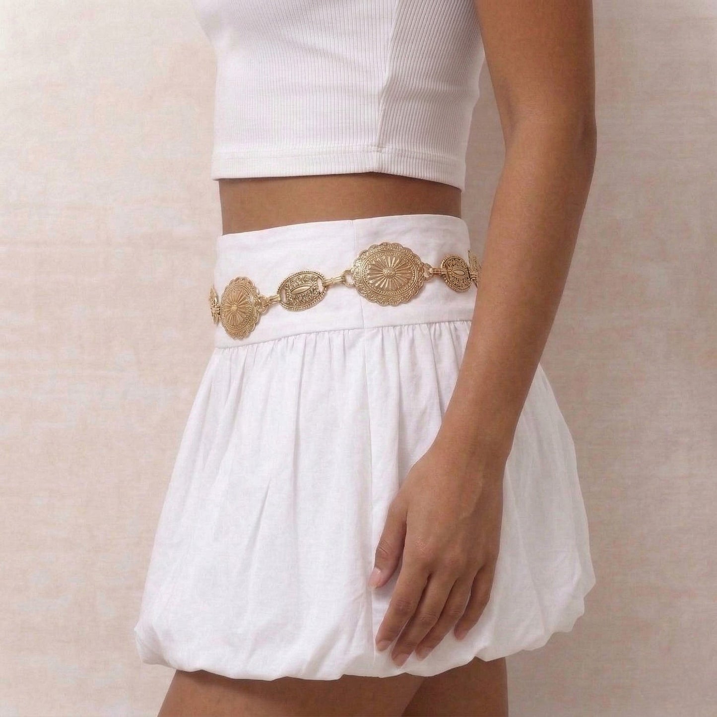 Western Concho Chain Waist Belt - Oval Engraved Medallion Disc, Vintage Boho Statement Style