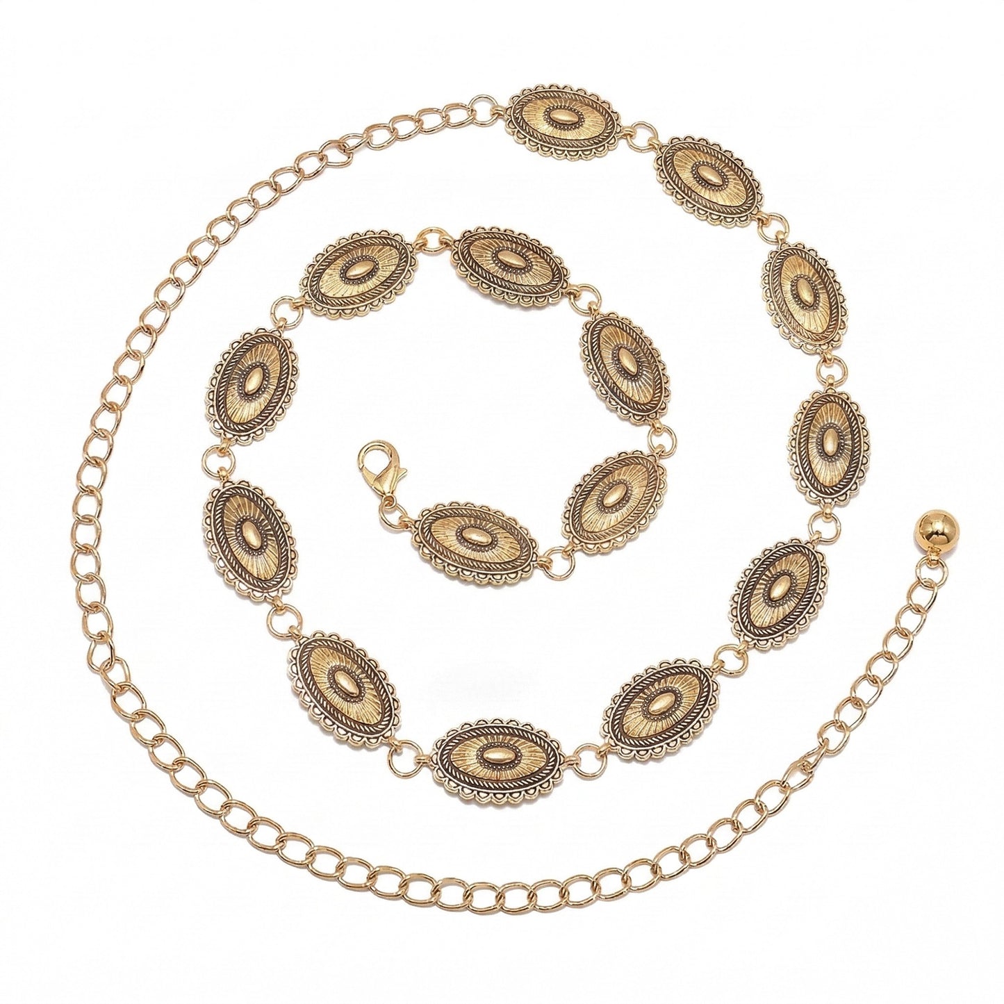 Western Concho Chain Waist Belt - Oval Engraved Medallion Disc, Vintage Boho Statement Style