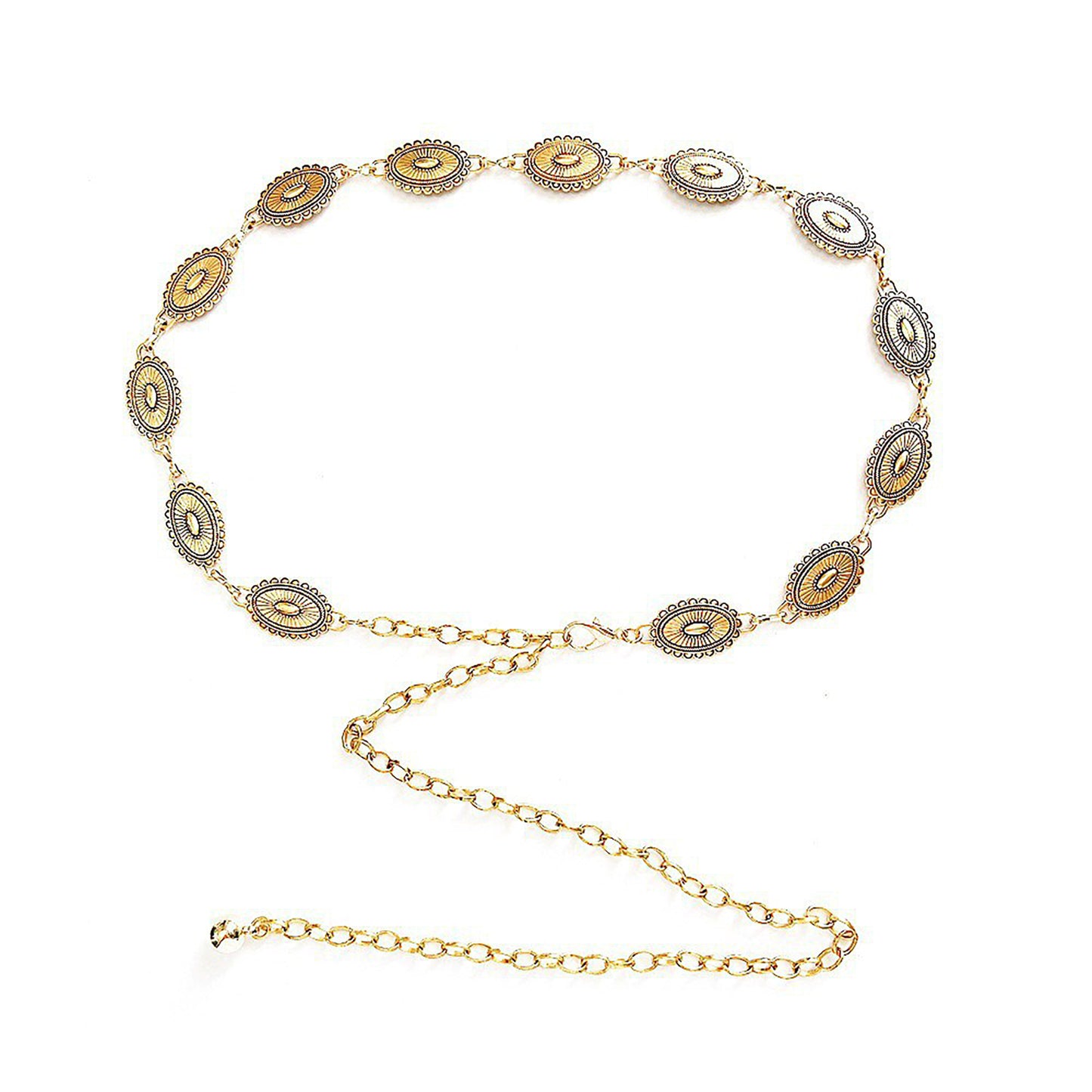 Western Concho Chain Waist Belt - Oval Engraved Medallion Disc, Vintage Boho Statement Style