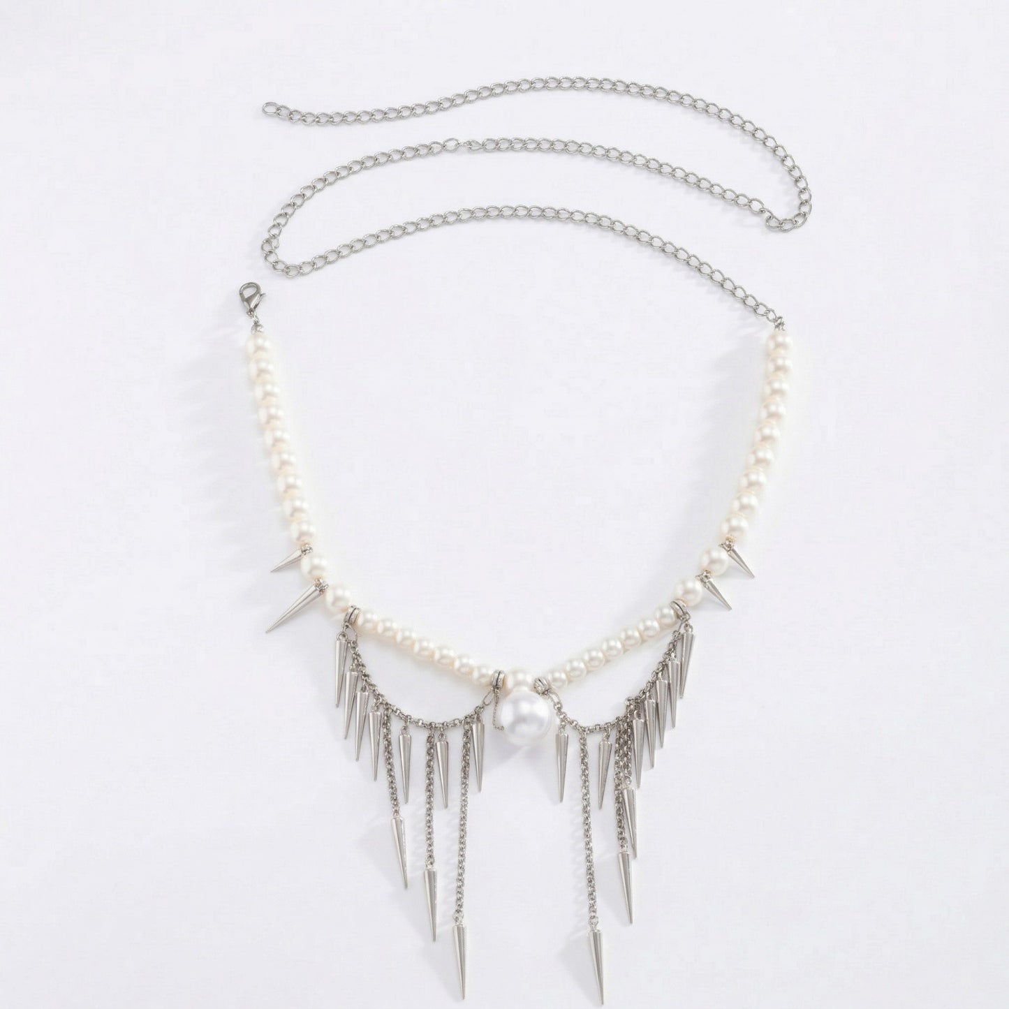Pearl Beaded Waist Chain Belt with Spike Fringe Drop Pendant Body Jewelry Accessory