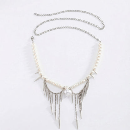 Pearl Beaded Waist Chain Belt with Spike Fringe Drop Pendant Body Jewelry Accessory