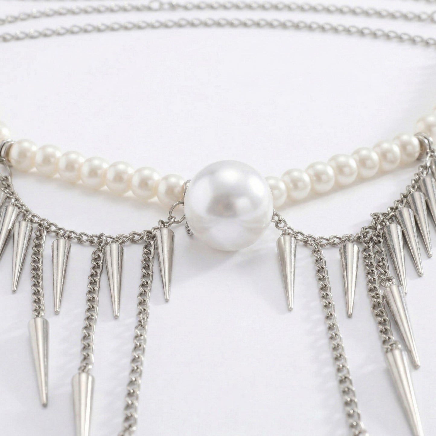 Pearl Beaded Waist Chain Belt with Spike Fringe Drop Pendant Body Jewelry Accessory