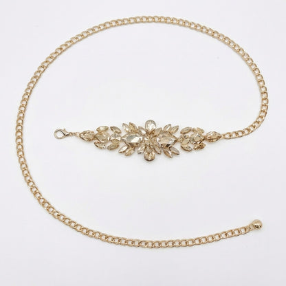 Crystal Floral Waist Chain Belt with Rhinestone Cluster Pendant Adjustable Link Body Jewelry