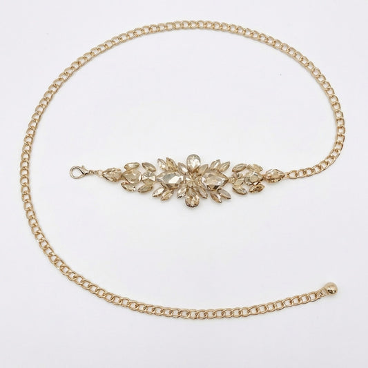 Crystal Floral Waist Chain Belt with Rhinestone Cluster Pendant Adjustable Link Body Jewelry
