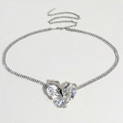 Rhinestone Waist Chain Belt with Flower Pendant Adjustable Link Body Jewelry Accessory