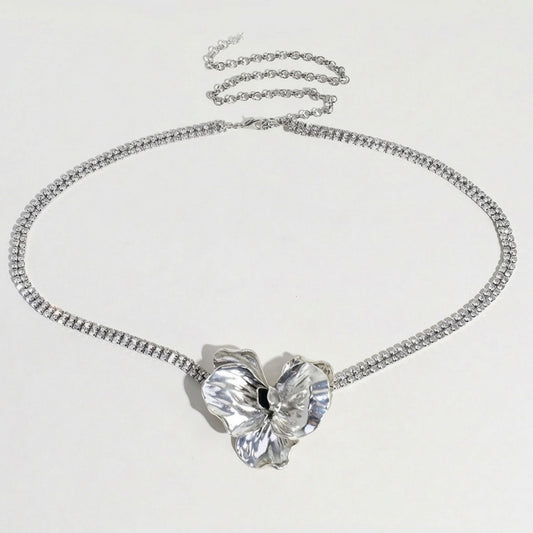 Rhinestone Waist Chain Belt with Flower Pendant Adjustable Link Body Jewelry Accessory