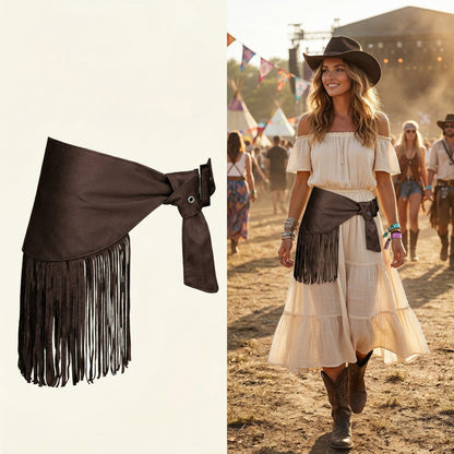 Fringe Waist Belt Wrap Tie Adjustable Faux Suede Western Style Hip Scarf Accessory