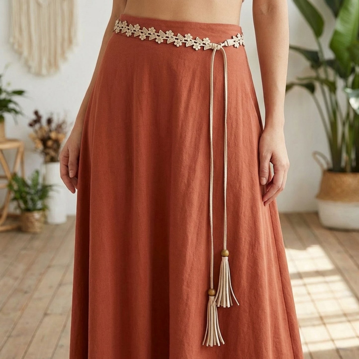 Floral Cutout Waist Belt Tie Closure Adjustable Faux Leather Hip Belt Boho Style Accessory