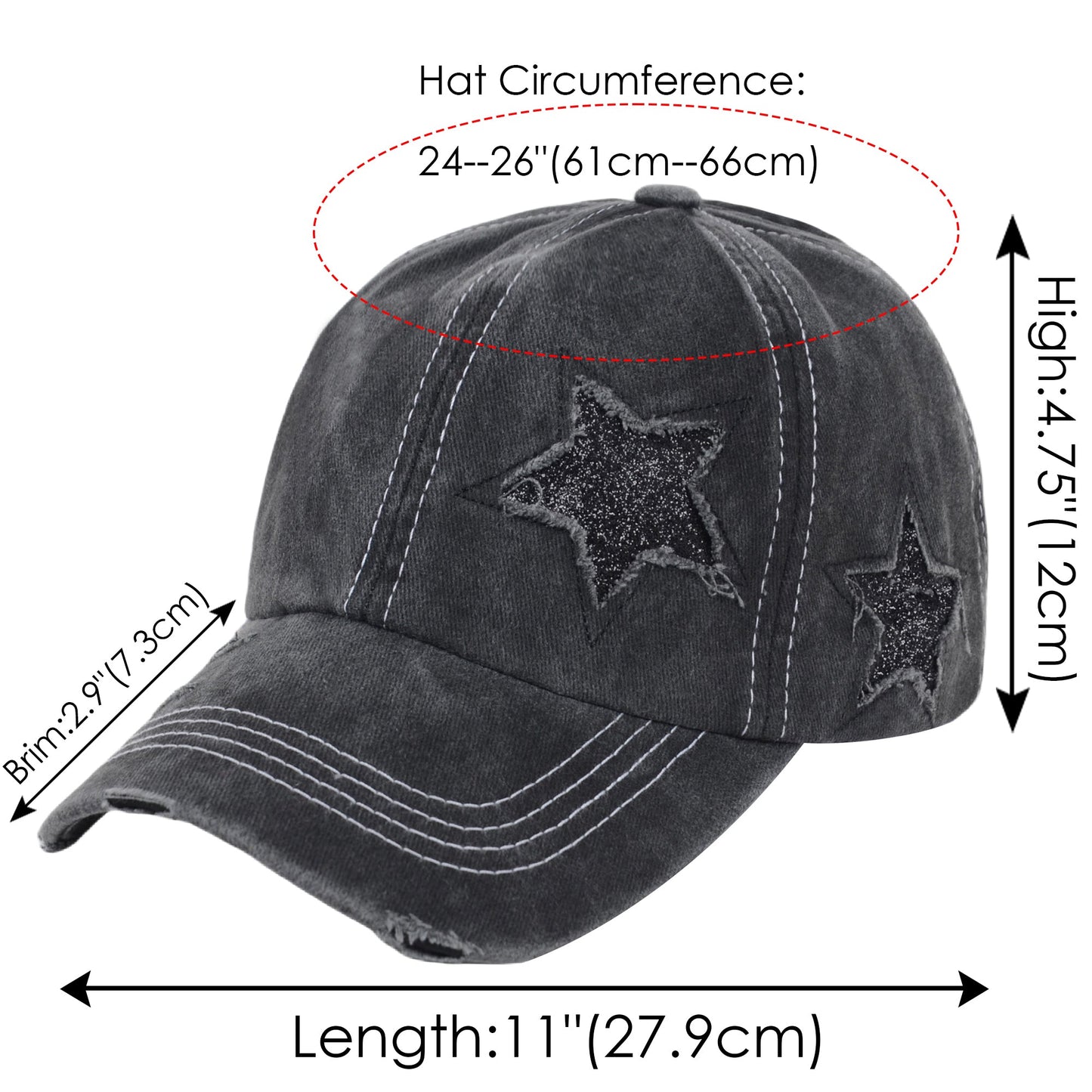 Baseball Cap Glitter Star Distressed Ponytail Hat High Messy Bun Ponycap Trucker Dad Hat