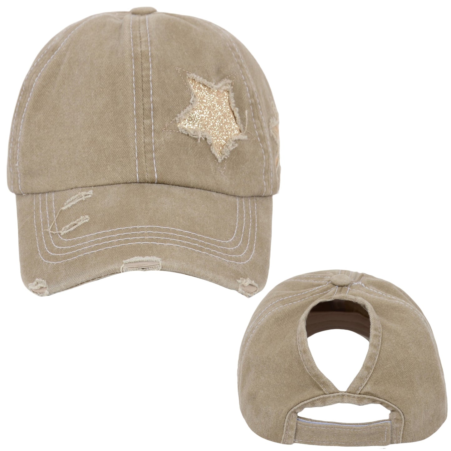 Baseball Cap Glitter Star Distressed Ponytail Hat High Messy Bun Ponycap Trucker Dad Hat