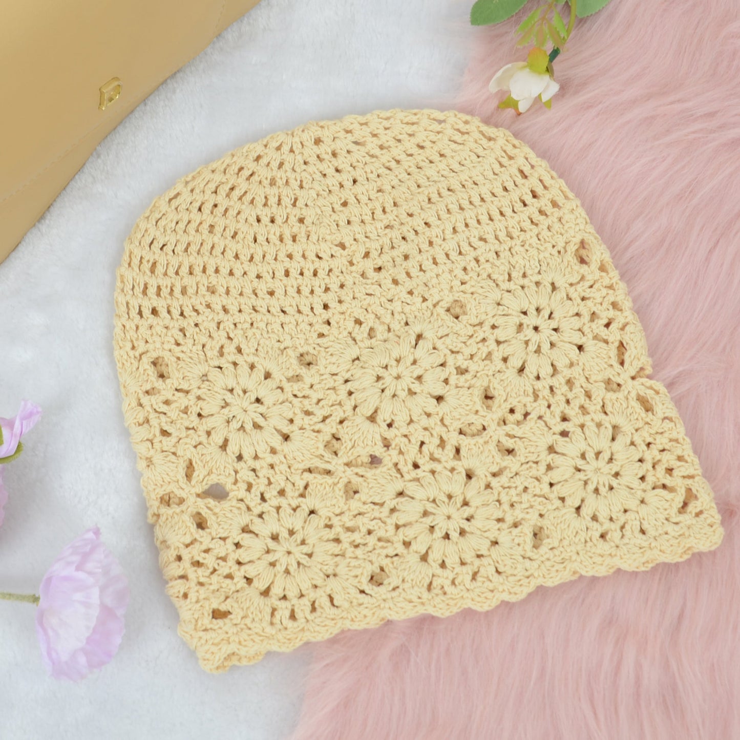 Crochet Floral Slouchy Beanie Hat Lightweight Handmade Knit Cutout Skull Cap for Women