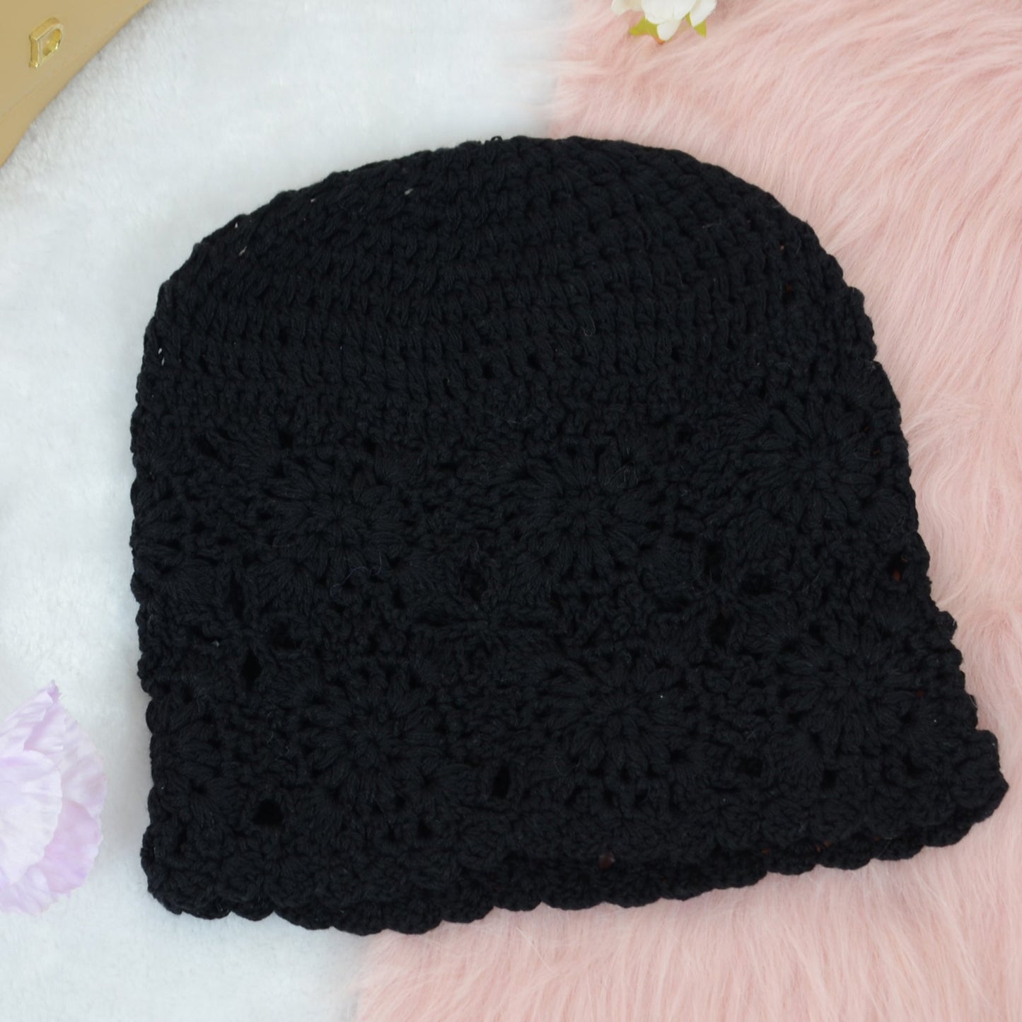 Crochet Floral Slouchy Beanie Hat Lightweight Handmade Knit Cutout Skull Cap for Women