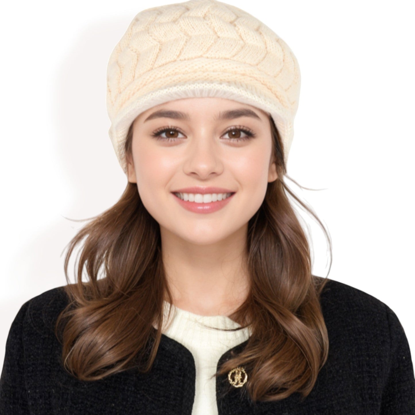 Knitted Newsboy Cap with Braided Cable Pattern and Stylish Brim Design